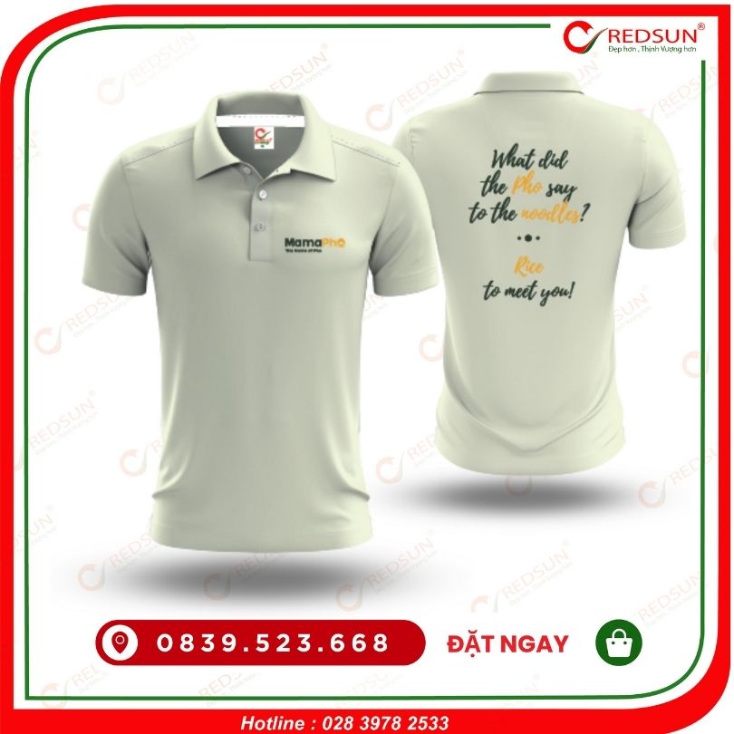 Áo thun đồng phục nhà hàng Mama Pho màu trắng gạo