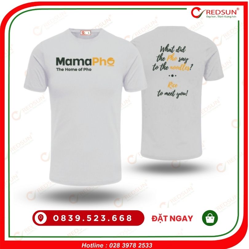 Áo thun đồng phục nhà hàng Mama Pho màu trắng tinh 